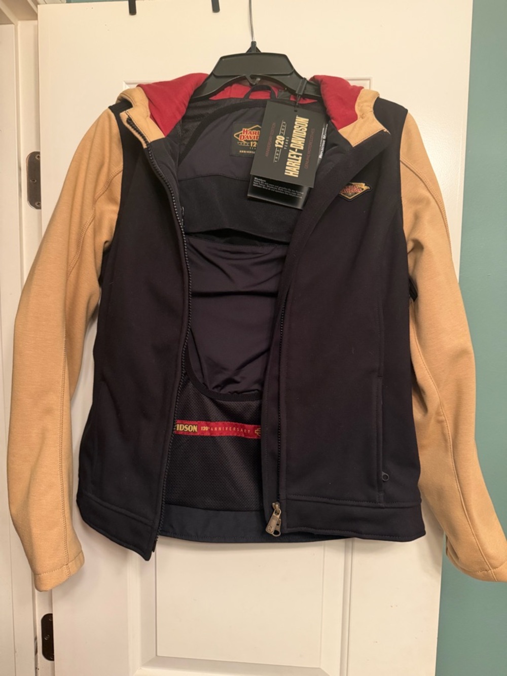 Harley-Davidson Women’s Two-Tone Hooded Jacket Black Beige Tan with Red Lining - Picture 4 of 13